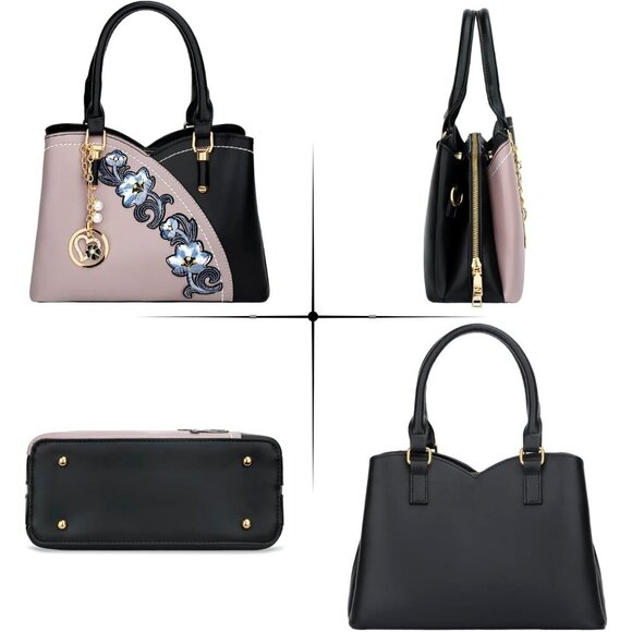 Women’s black Purple Triple Compartment Satchel Fashion Top Handle Shoulder Bag - Picture 3 of 7